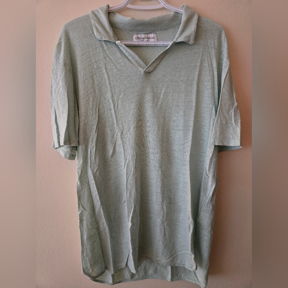 Officine Generale L-XL Mint/Aqua Collared Polo Style 100% Linen Shortsleev Shirt